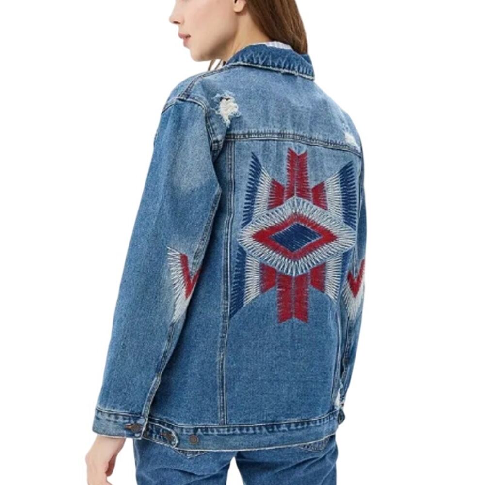 Jennyfer Distressed Denim Jacket S Native Southwestern Embroidered Y2K
